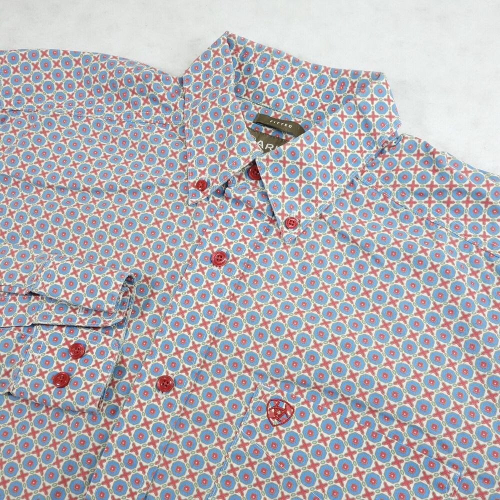 Ariat Shirt Mens Large Blue Floral Tessellation Fitted Button Up Cowboy Rodeo